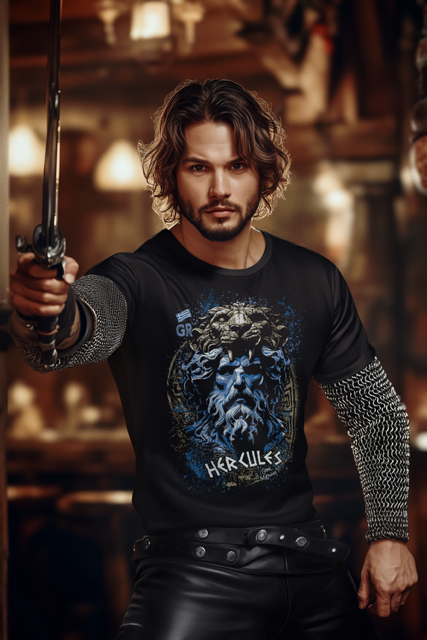 t shirt mockup featuring an ai created man with a sword in an epic adventure trilogy inspired setting m53492